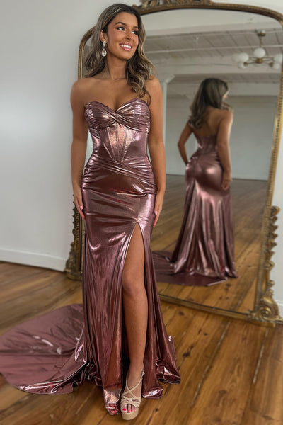 Metallic Rose Gold Mermaid Strapless Corset Long Prom Dress with Slit