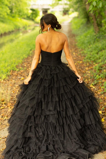 Black A-Line Strapless Tiered Tulle Long Prom Dress with Slit