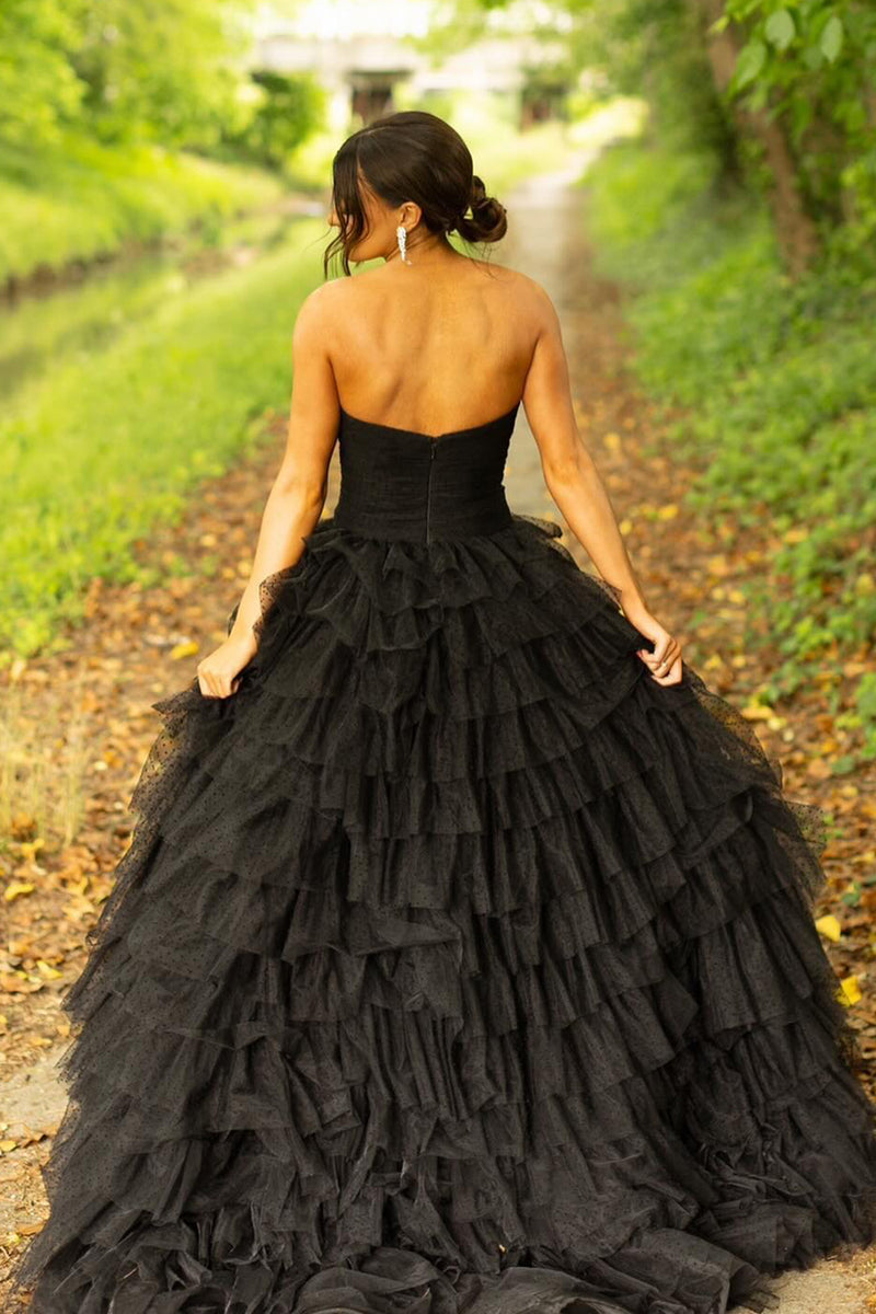 Load image into Gallery viewer, Black A-Line Strapless Tiered Tulle Long Prom Dress with Slit