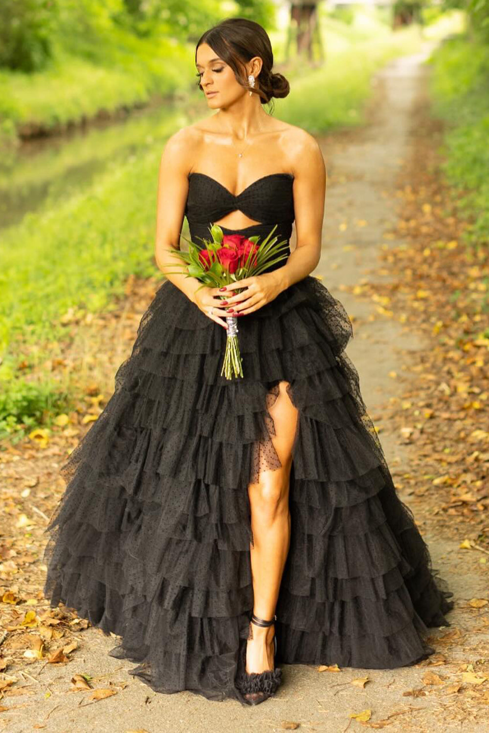 Black A-Line Strapless Tiered Tulle Long Prom Dress with Slit