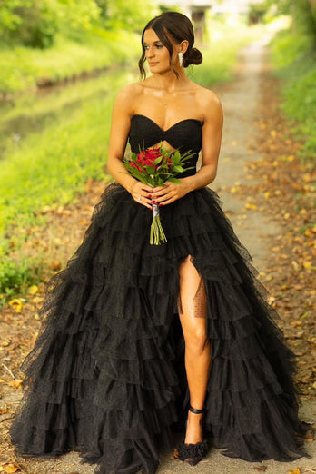 Black A-Line Strapless Tiered Tulle Long Prom Dress with Slit