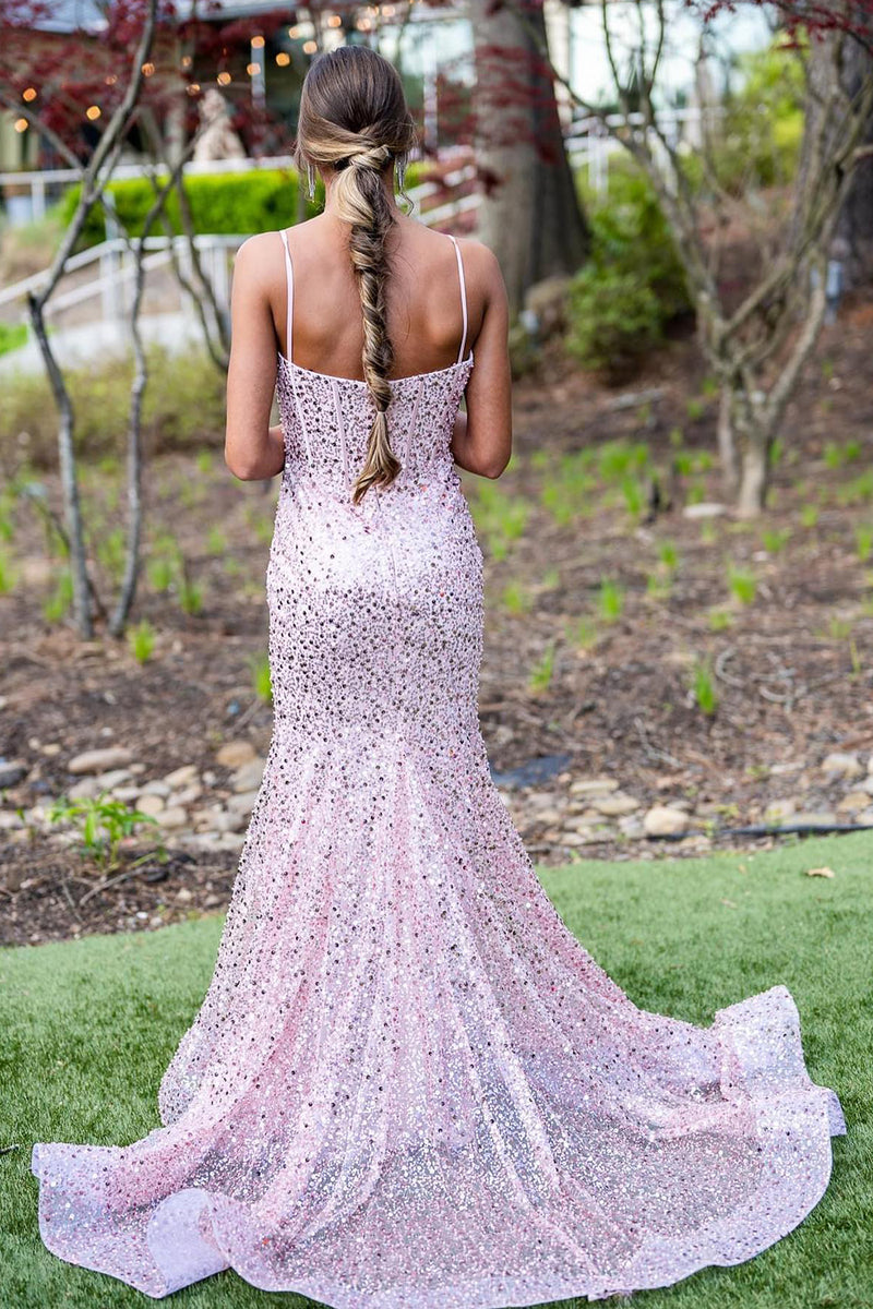 Load image into Gallery viewer, Sparkly Pink Mermaid Spaghetti Straps Corset Sequins Long Prom Dress