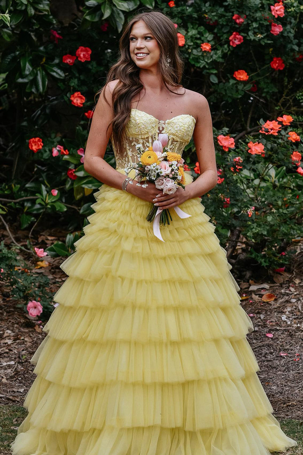 Sparkly Yellow A-Line Strapless Corset Tiered Long Prom Dress with Appliques