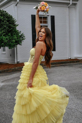 Sparkly Yellow A-Line Strapless Corset Tiered Long Prom Dress with Appliques