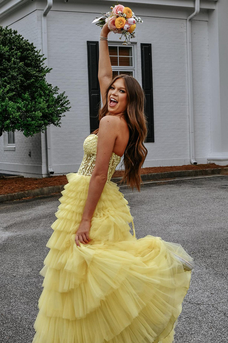 Load image into Gallery viewer, Sparkly Yellow A-Line Strapless Corset Tiered Long Prom Dress with Appliques