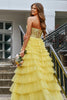 Load image into Gallery viewer, Sparkly Yellow A-Line Strapless Corset Tiered Long Prom Dress with Appliques