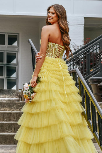 Sparkly Yellow A-Line Strapless Corset Tiered Long Prom Dress with Appliques