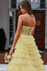 Load image into Gallery viewer, Sparkly Yellow A-Line Strapless Corset Tiered Long Prom Dress with Appliques