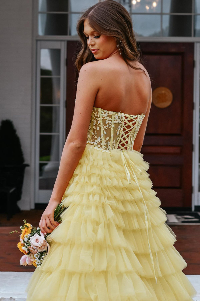 Load image into Gallery viewer, Sparkly Yellow A-Line Strapless Corset Tiered Long Prom Dress with Appliques