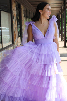 Lilac A-Line V Neck Tiered Tulle Long Prom Dress with Slit