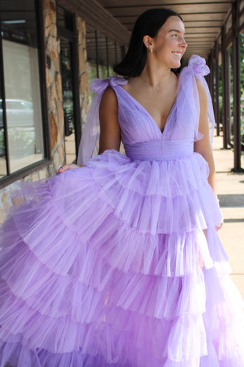 Lilac A-Line V Neck Tiered Tulle Long Prom Dress with Slit