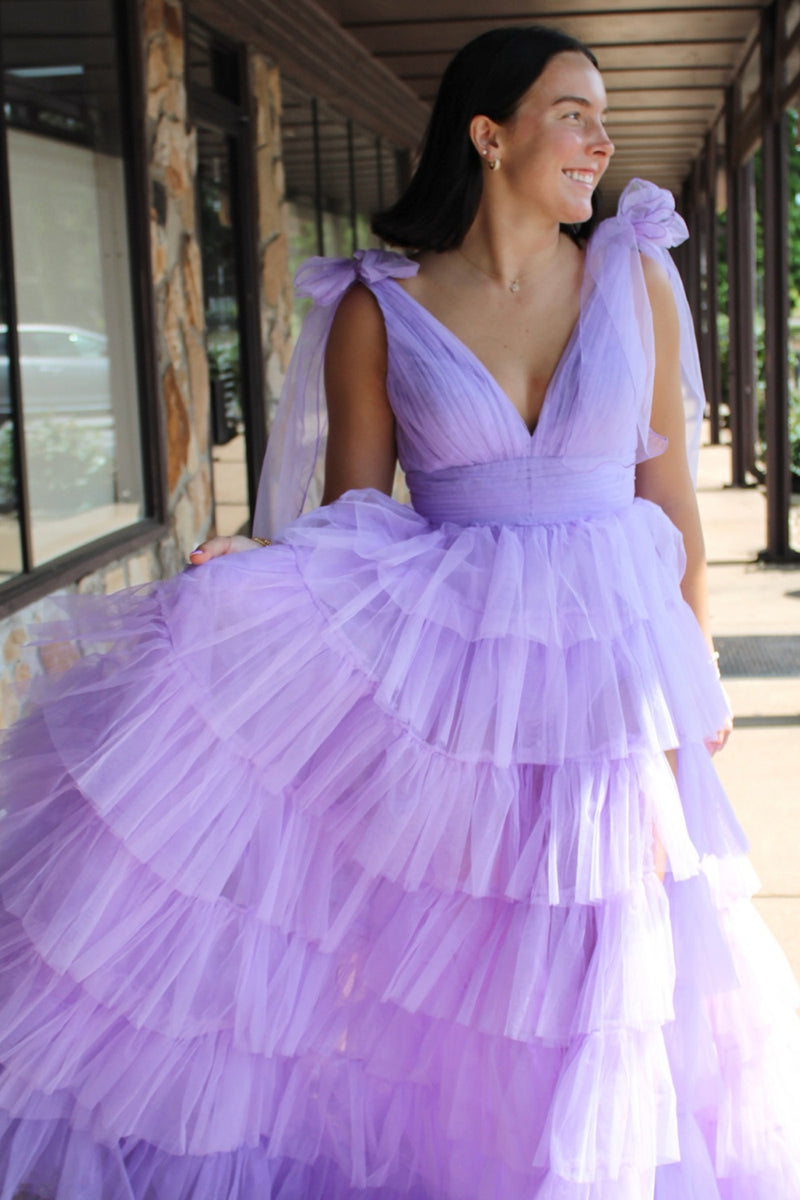 Load image into Gallery viewer, Lilac A-Line V Neck Tiered Tulle Long Prom Dress with Slit