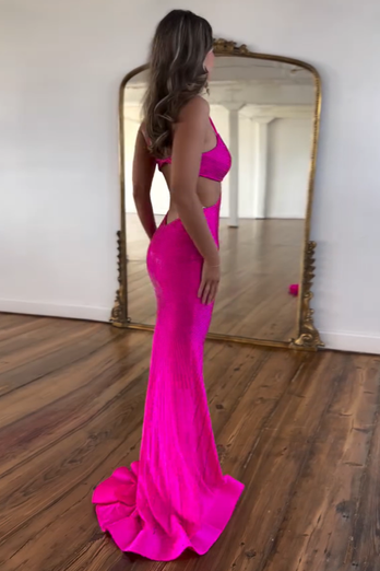 Sparkly Fuchsia Mermaid Spaghetti Straps Long Prom Dress