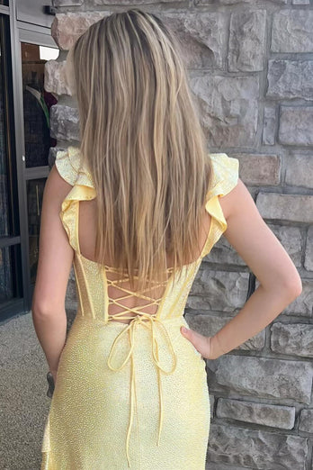 Sparkly Yellow Mermaid Beading Corset Ruffle Long Prom Dress with Slit