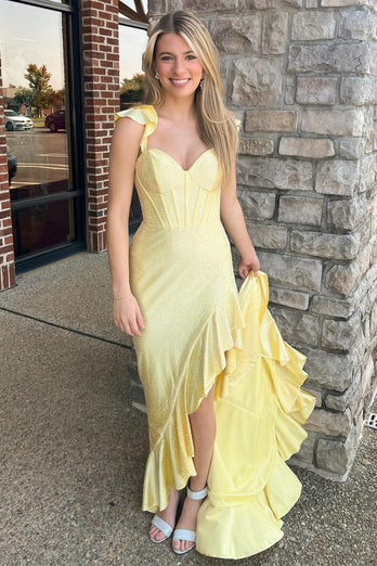 Sparkly Yellow Mermaid Beading Corset Ruffle Long Prom Dress with Slit