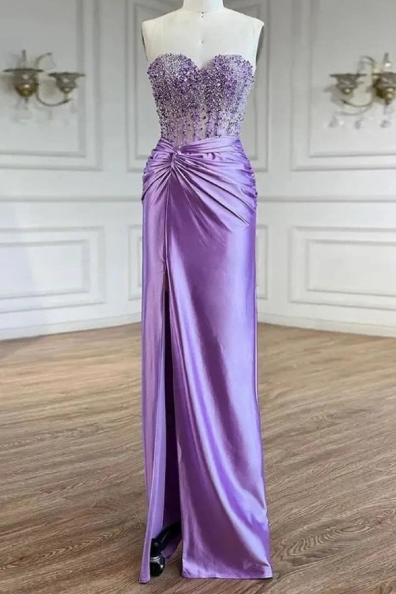 Load image into Gallery viewer, Sparkly Purple Mermaid Strapless Corset Satin Long Prom Dress with Slit