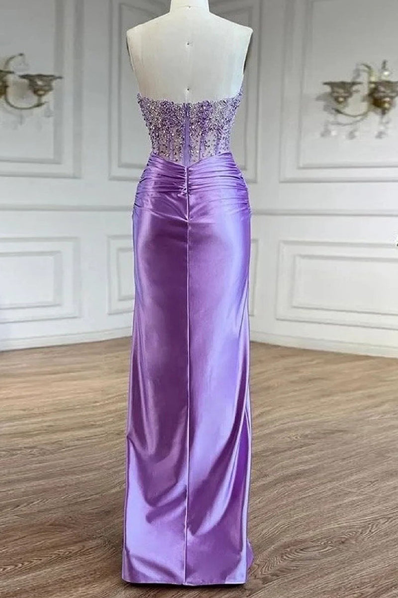 Load image into Gallery viewer, Sparkly Purple Mermaid Strapless Corset Satin Long Prom Dress with Slit