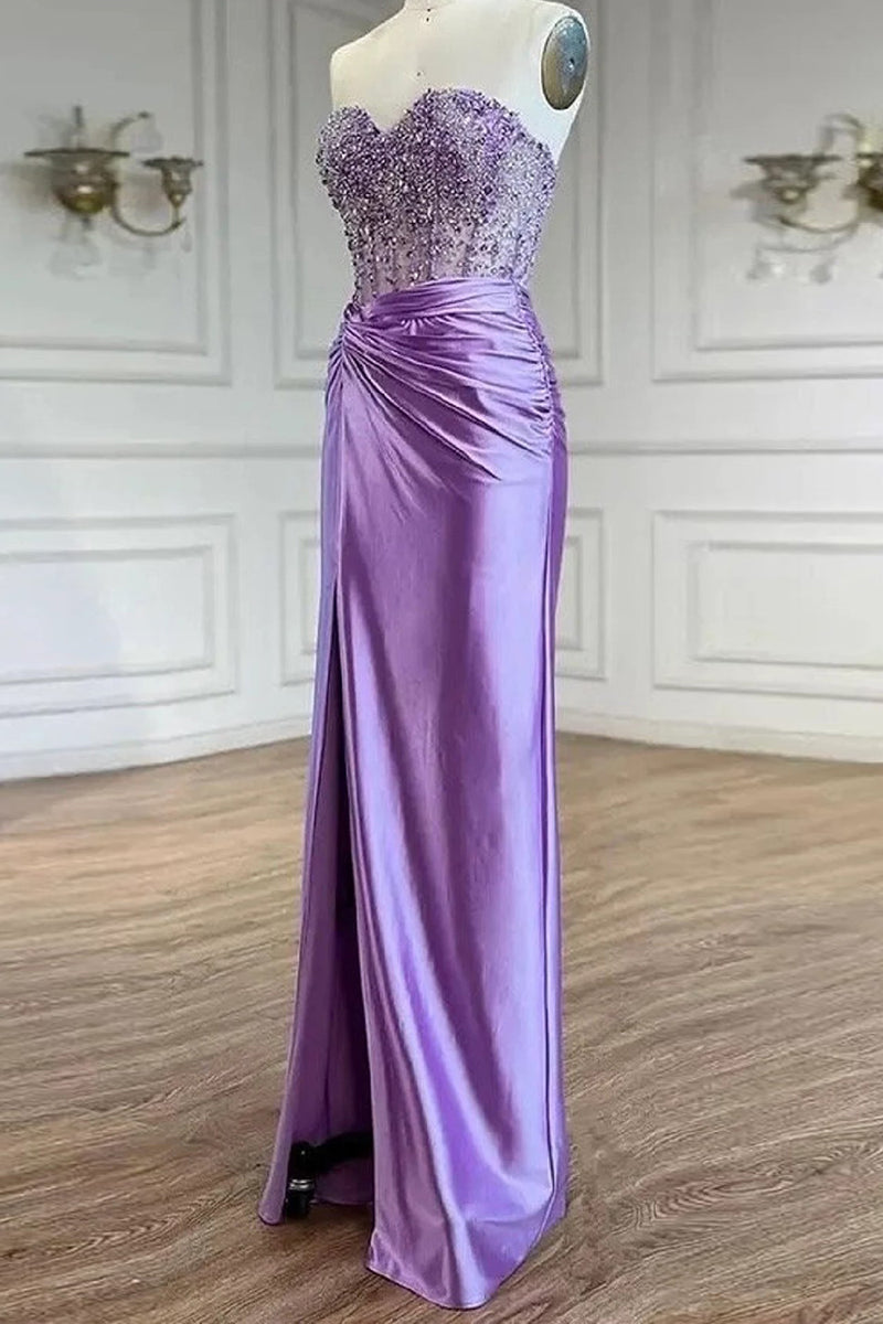 Load image into Gallery viewer, Sparkly Purple Mermaid Strapless Corset Satin Long Prom Dress with Slit