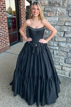 Sparkly Black A-Line Strapless Beaded Corset Long Prom Dress with Bows