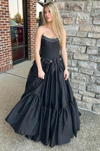 Sparkly Black A-Line Strapless Beaded Corset Long Prom Dress with Bows