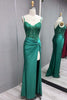 Load image into Gallery viewer, Sparkly Green Mermaid Spaghetti Straps Corset Appliques Long Prom Dress with Slit