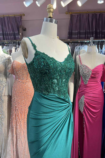 Sparkly Green Mermaid Spaghetti Straps Corset Appliques Long Prom Dress with Slit