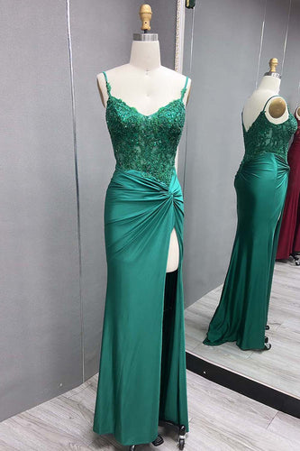 Sparkly Green Mermaid Spaghetti Straps Corset Appliques Long Prom Dress with Slit