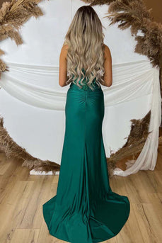 Sparkly Green Mermaid Spaghetti Straps Corset Appliques Long Prom Dress with Slit