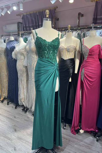 Sparkly Green Mermaid Spaghetti Straps Corset Appliques Long Prom Dress with Slit