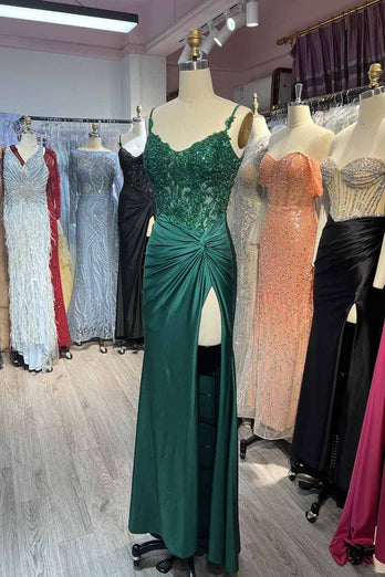 Sparkly Green Mermaid Spaghetti Straps Corset Appliques Long Prom Dress with Slit