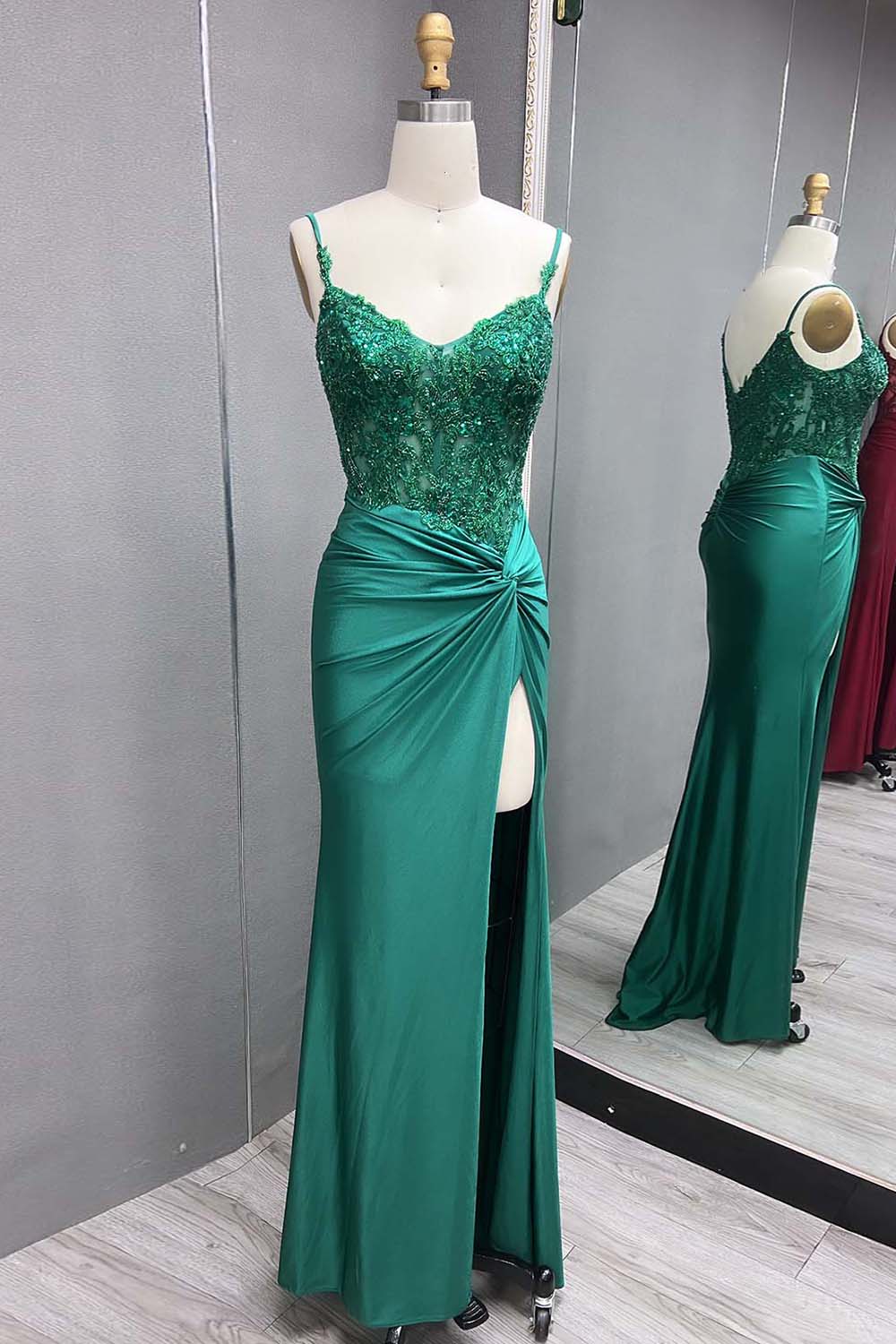 Sparkly Green Mermaid Spaghetti Straps Corset Appliques Long Prom Dress with Slit