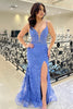 Load image into Gallery viewer, Sparkly Blue Mermaid Spaghetti Straps Corset Beaded Appliques Long Prom Dress with Slit