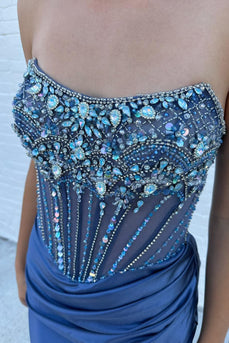 Sparkly Grey Blue Mermaid Rhinestones Strapless Corset Long Prom Dress with Slit