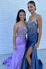 Load image into Gallery viewer, Sparkly Grey Blue Mermaid Rhinestones Strapless Corset Long Prom Dress with Slit