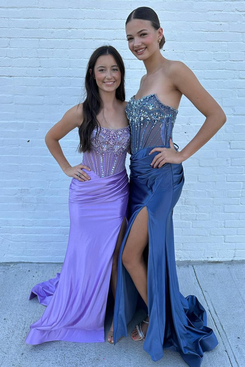 Load image into Gallery viewer, Sparkly Grey Blue Mermaid Rhinestones Strapless Corset Long Prom Dress with Slit