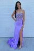 Load image into Gallery viewer, Sparkly Grey Blue Mermaid Rhinestones Strapless Corset Long Prom Dress with Slit