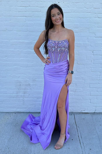 Sparkly Grey Blue Mermaid Rhinestones Strapless Corset Long Prom Dress with Slit