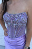 Load image into Gallery viewer, Sparkly Grey Blue Mermaid Rhinestones Strapless Corset Long Prom Dress with Slit