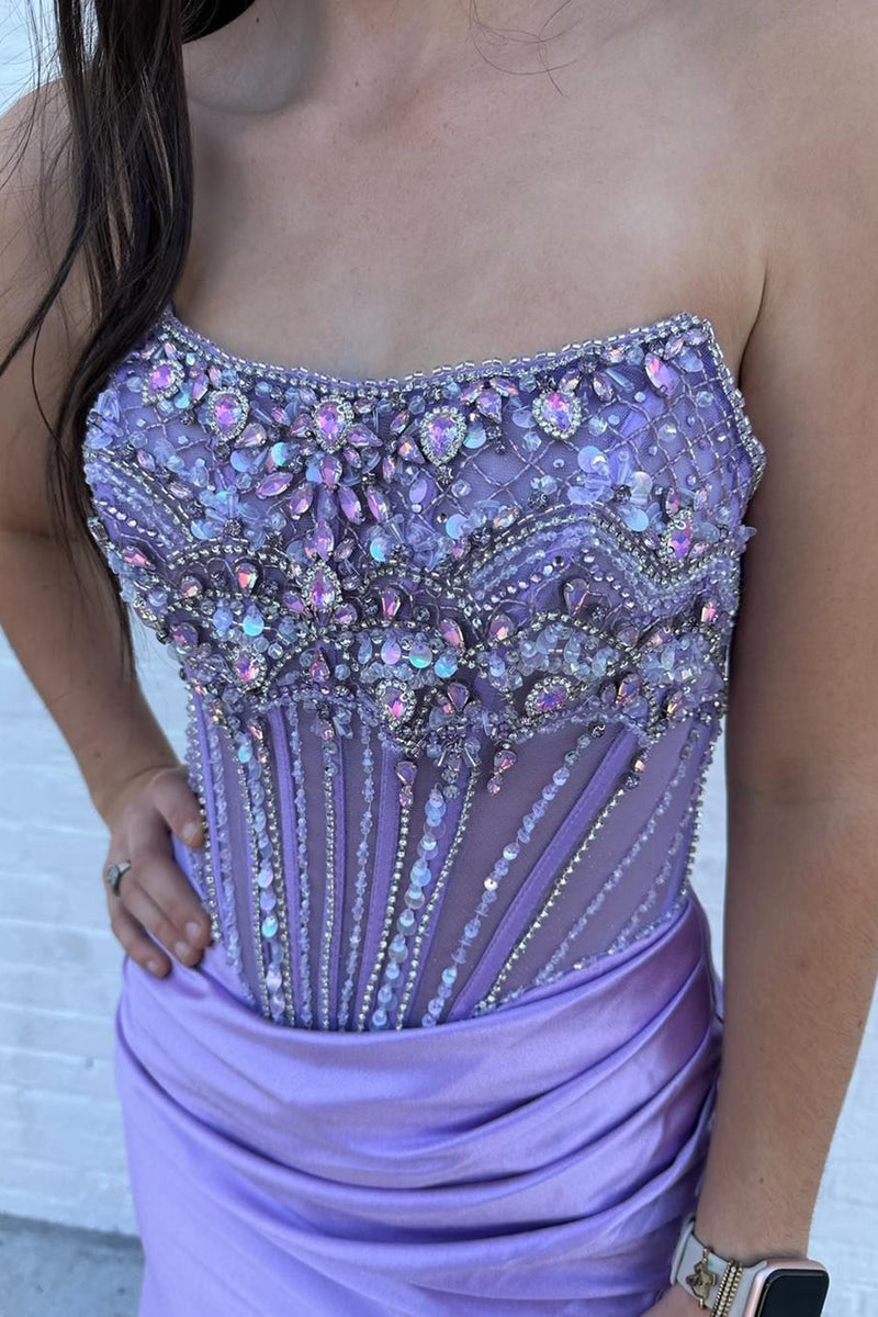 Load image into Gallery viewer, Sparkly Grey Blue Mermaid Rhinestones Strapless Corset Long Prom Dress with Slit