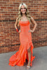 Load image into Gallery viewer, Sparkly Orange Mermaid Strapless Beaded Corset Ruffle Long Prom Dress with Slit