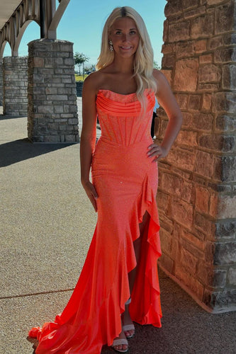 Sparkly Orange Mermaid Strapless Beaded Corset Ruffle Long Prom Dress with Slit