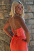 Load image into Gallery viewer, Sparkly Orange Mermaid Strapless Beaded Corset Ruffle Long Prom Dress with Slit