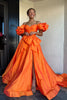 Load image into Gallery viewer, Orange A-Line Puff Sleeves Bowknot Long Prom Dress with Slit