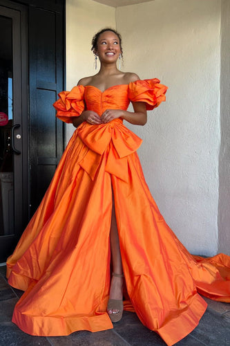 Orange A-Line Puff Sleeves Bowknot Long Prom Dress with Slit