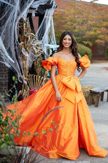 Orange A-Line Puff Sleeves Bowknot Long Prom Dress with Slit