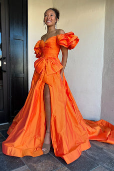 Orange A-Line Puff Sleeves Bowknot Long Prom Dress with Slit