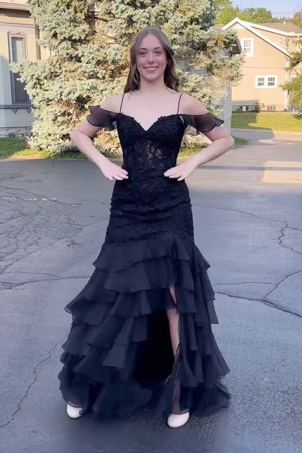 Black Corset Lace Long Appliqued Prom Dress with Slit