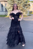 Load image into Gallery viewer, Black Corset Lace Long Appliqued Prom Dress with Slit