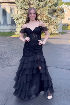 Black Corset Lace Long Appliqued Prom Dress with Slit