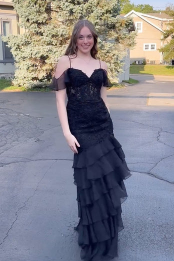 Black Corset Lace Long Appliqued Prom Dress with Slit